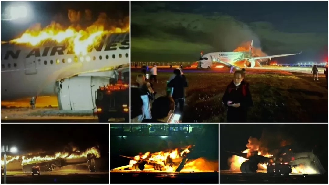 Maskapai JAL Ludes Terbakar Tabrakan dengan Pesawat lain di Haneda Tokyo, 5 Orang Belum Diketemukan