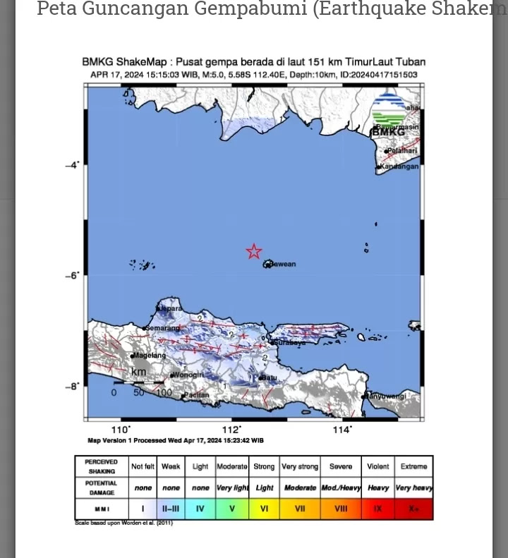 Gempa Bumi Magnitudo 5 Terjadi di Timur Laut Tuban, Getaran Dirasakan di Surabaya hingga Blora